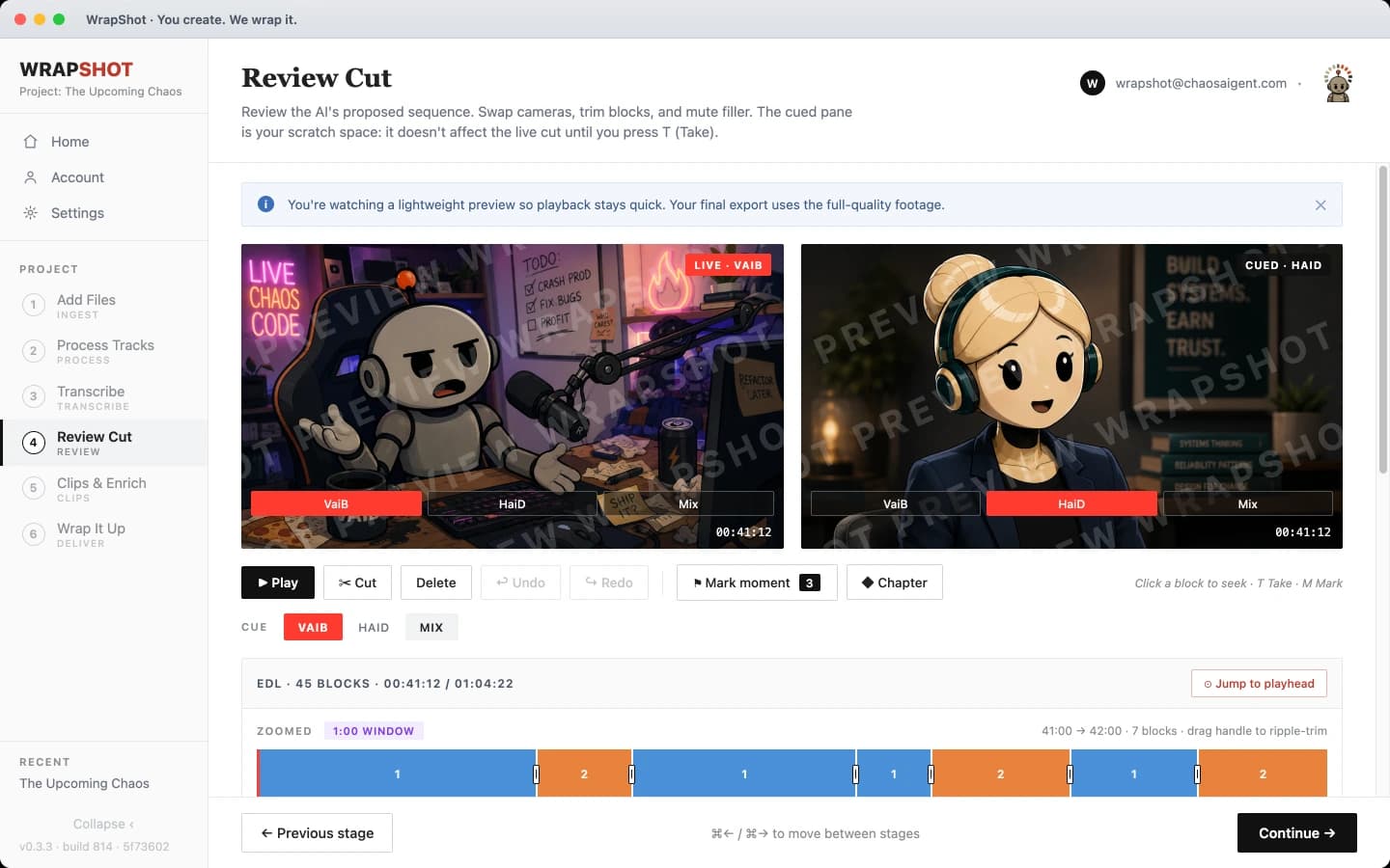 Review Cut, with marked moments along the timeline